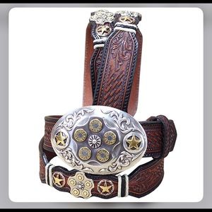 Leegin Texas Star Bullet Buckle w/ Silver Creek Leather Belt NWOT